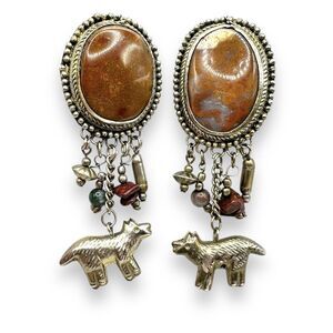 Wolf Southwest Orange Jasper Agate Huge Dangle Statement Silver Clip Earrings